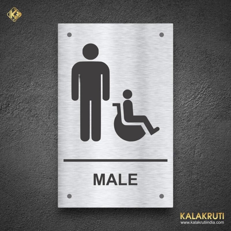Male Handicapped Sign With Text   Stainless Steel Restroom Sign