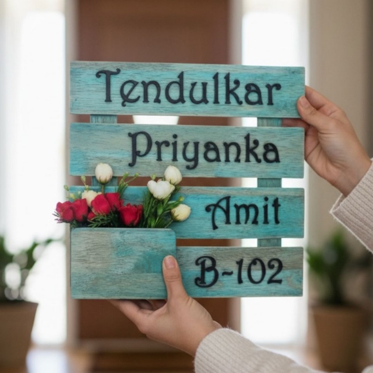 Blue Rubberwood Flower Nameplate