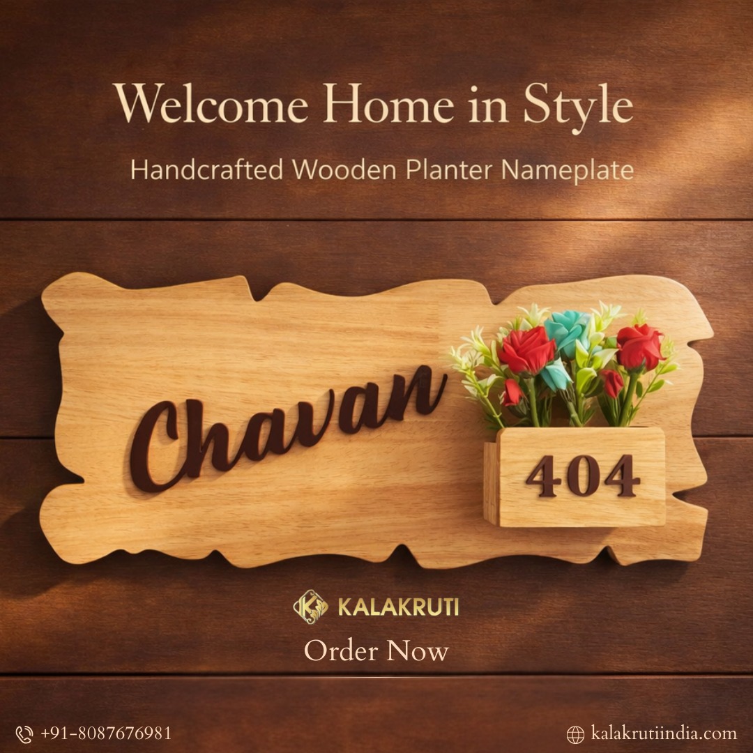 Handcrafted wooden nameplate kalakruti